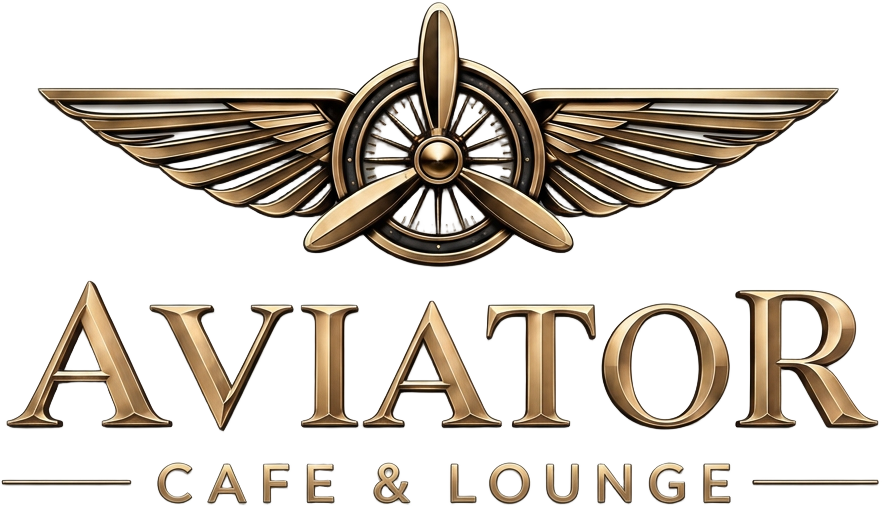 Aviator Cafe & Lounge — winged propeller badge with the words Aviator Cafe and Lounge