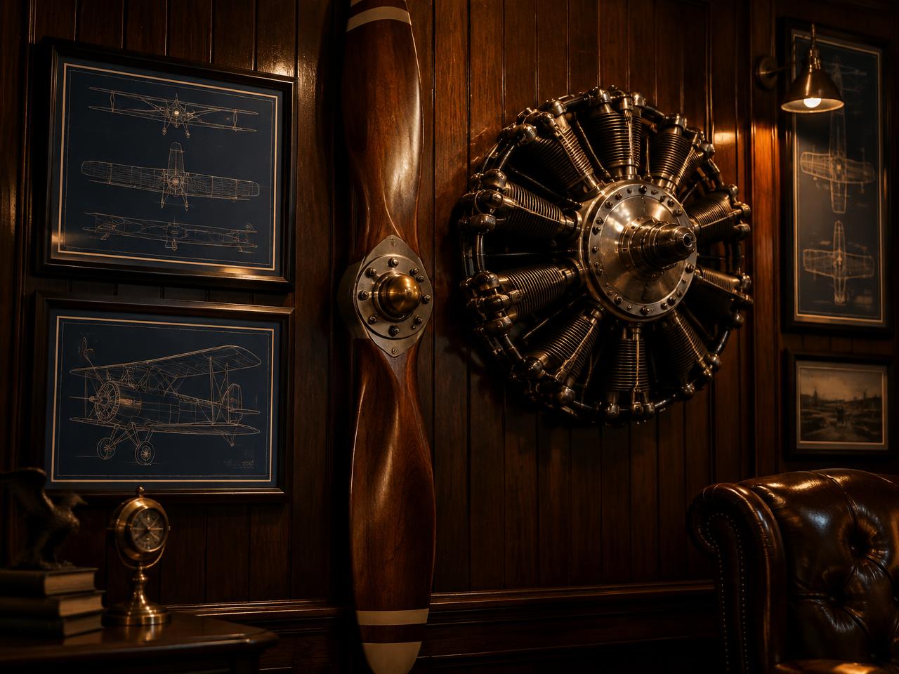 A carved wooden propeller and a polished radial aero engine mounted on dark walnut panelling, framed cyanotype aircraft blueprints beside them