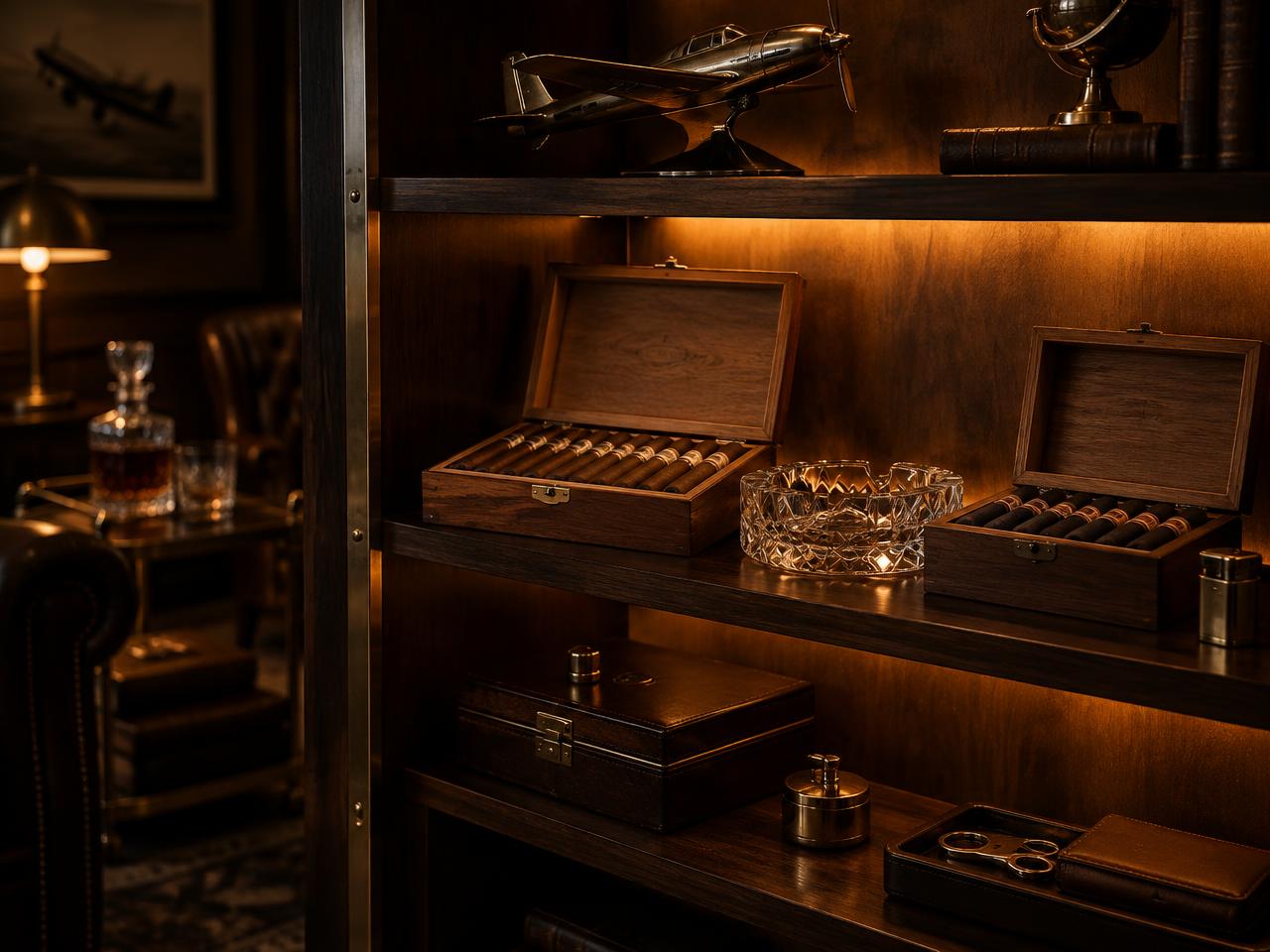 Backlit dark walnut shelving holding open cedar cigar boxes and a heavy crystal ashtray, glowing amber from behind