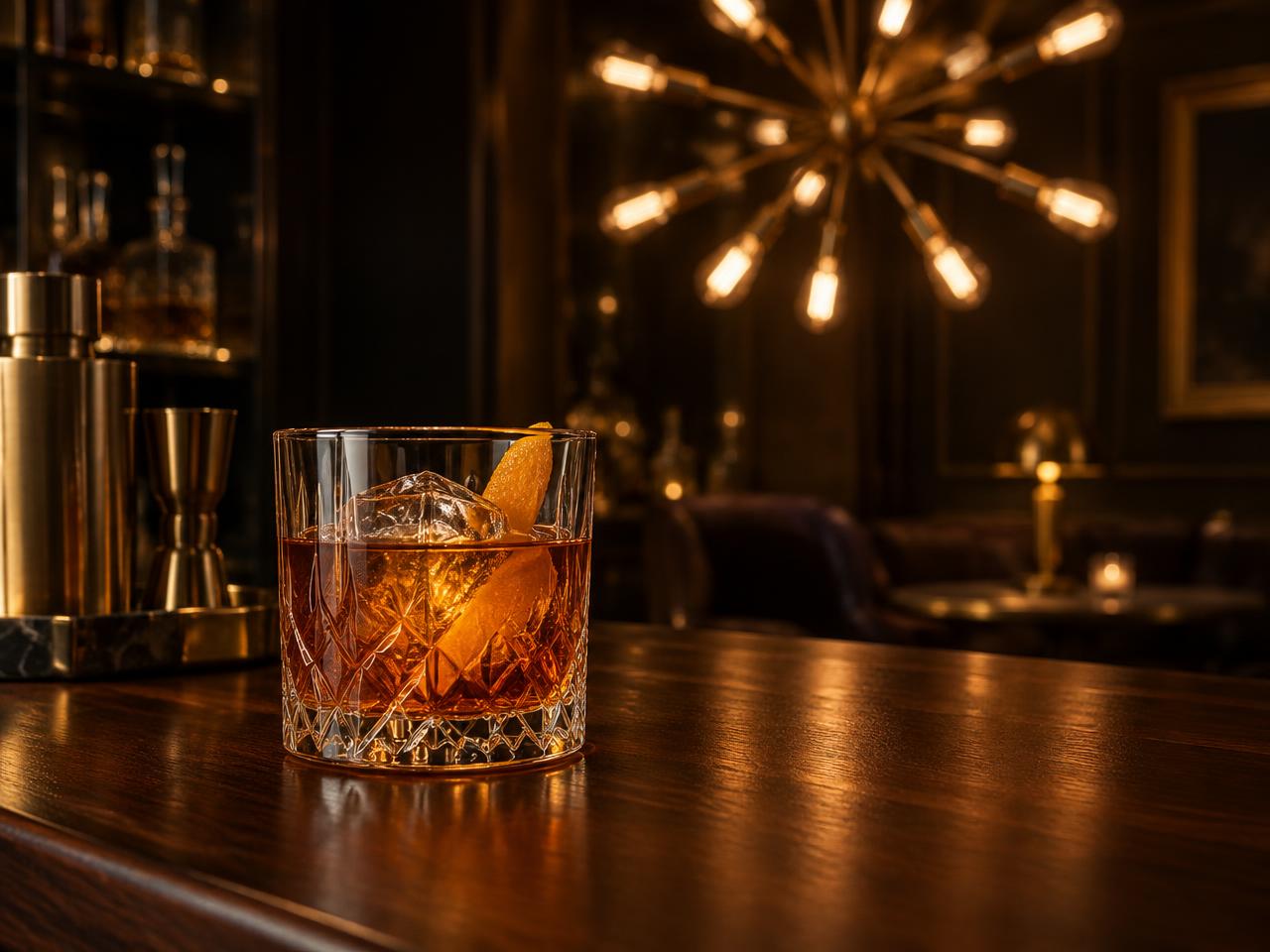 An amber cocktail in heavy cut crystal on a dark walnut bar, with a brass sputnik chandelier glowing out of focus behind
