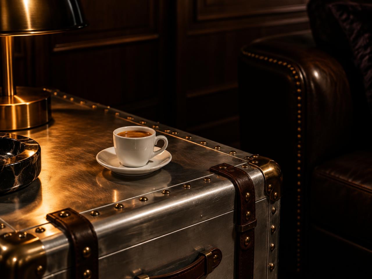 A porcelain espresso cup on a riveted aluminium steamer-trunk table with leather straps and brass studs, lit by a warm brass lamp
